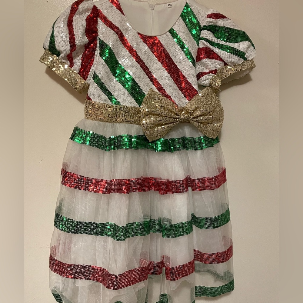 Girls White Sequin with Green and Red Stripes